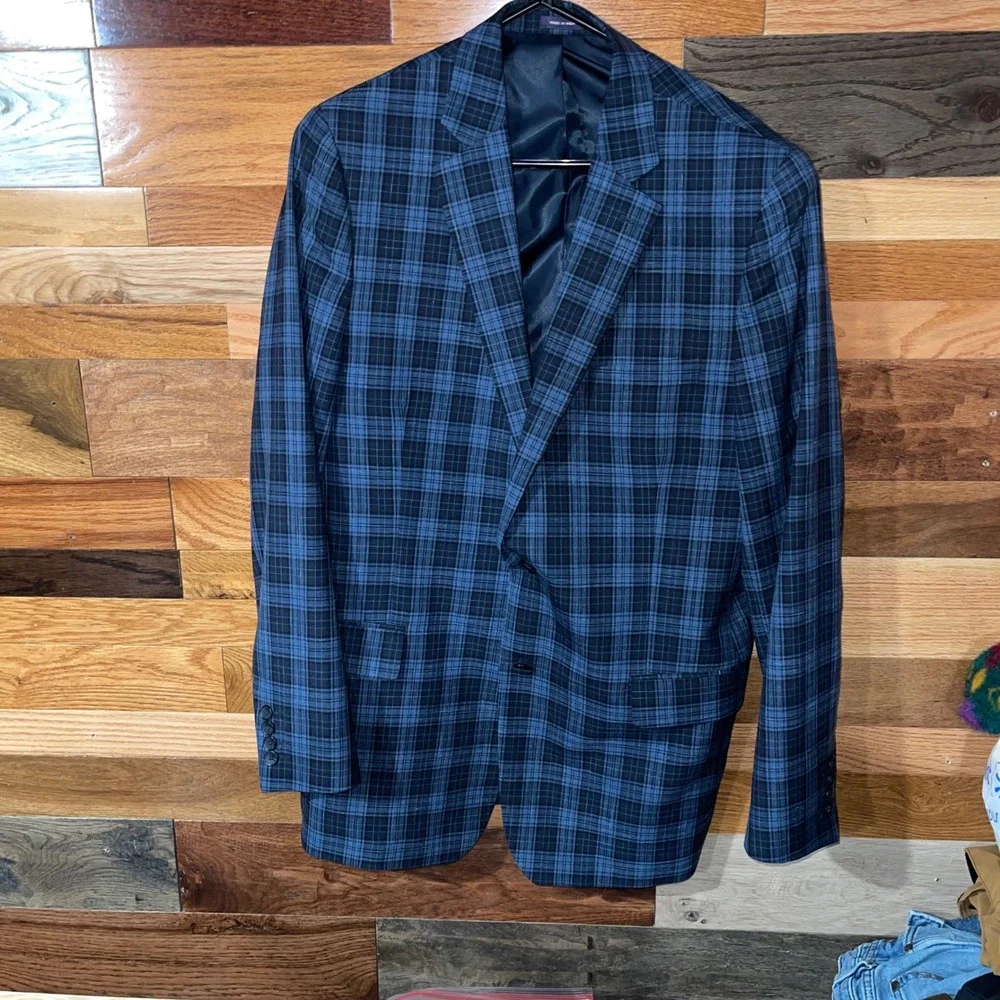 Stafford Mens 44 Long Blue Plaid Sport Coat Wool Linen Blend Classic Fit Blazer